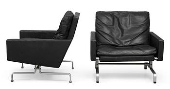66. A pair of Poul Kjaerholm 'pk-31' black leather easy chairs for E Kold Christensen, Denmark, maker's mark in the steel.