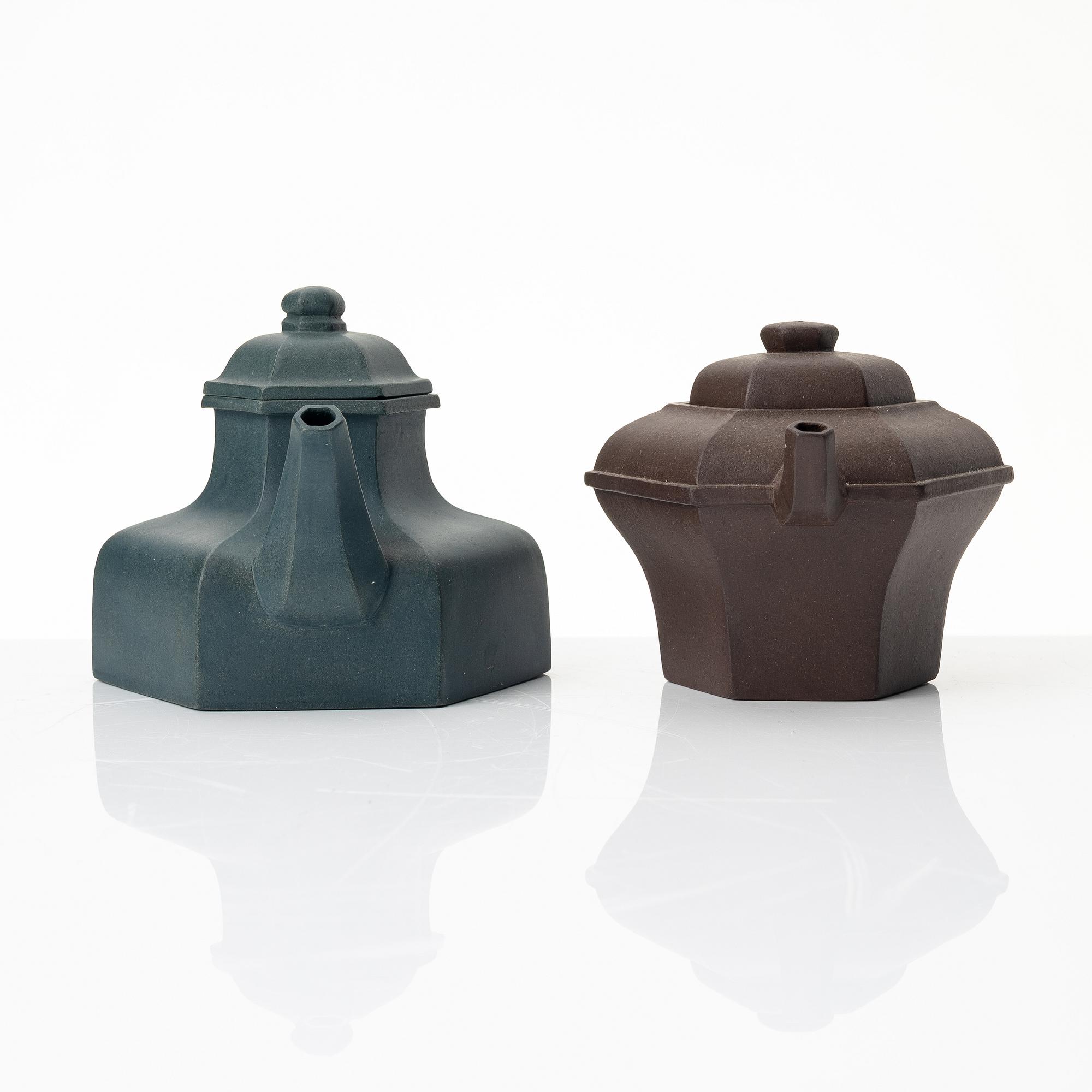 Two hexagonal 'gongfu' teapots, yixing, China, 1980s.