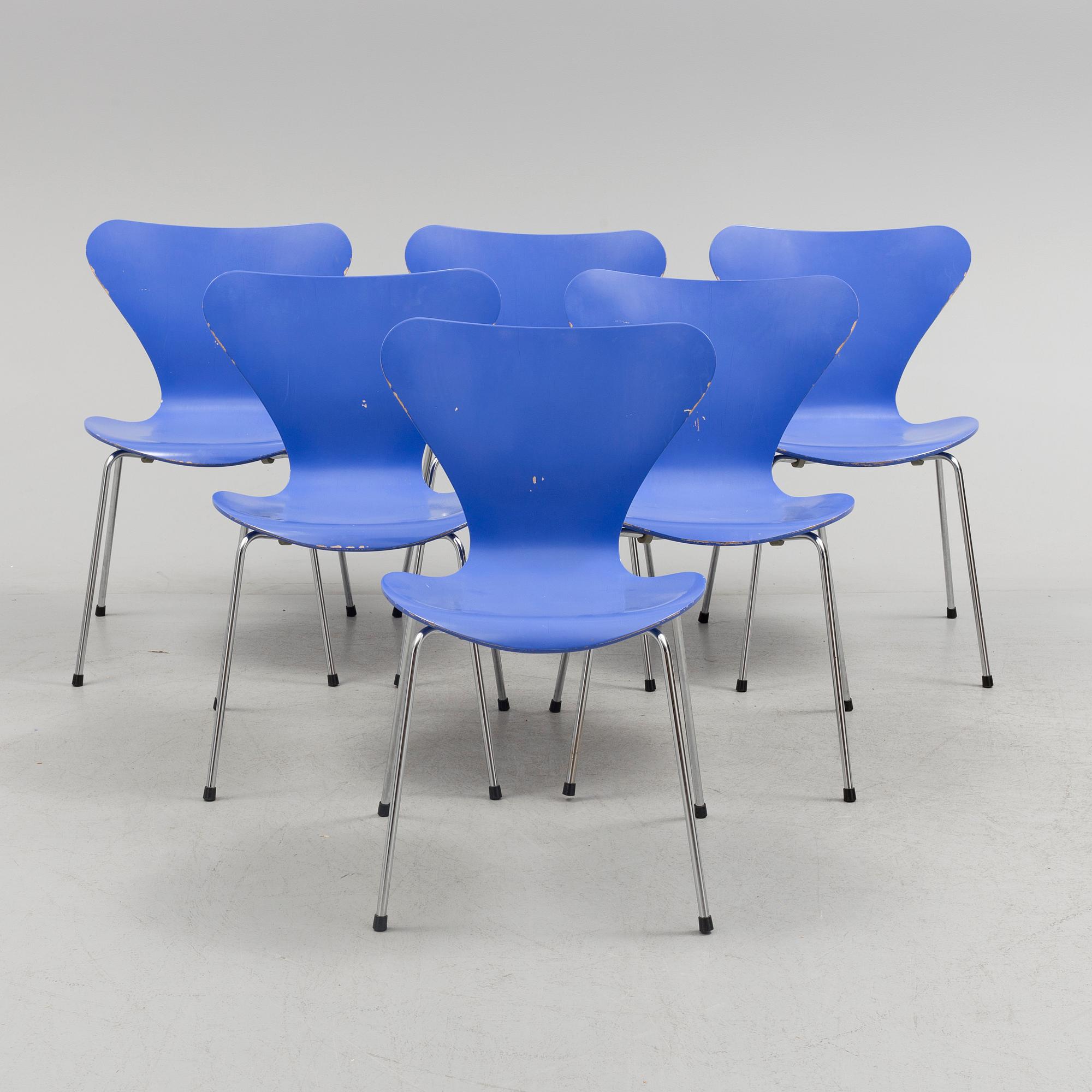 ARNE JACOBSEN, STOLAR, 6 st, "Sjuan", märkta, Fritz Hansen, Danmark, 1980-tal.