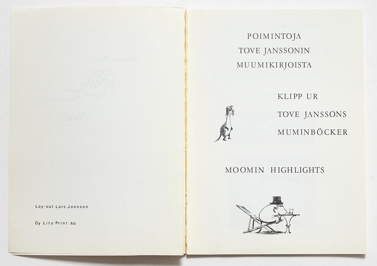 Tove Jansson, book, 'Muumi Hvitträskissä Mumintrollet i Hvitträsk 1974' signed, along with two signed postcards.