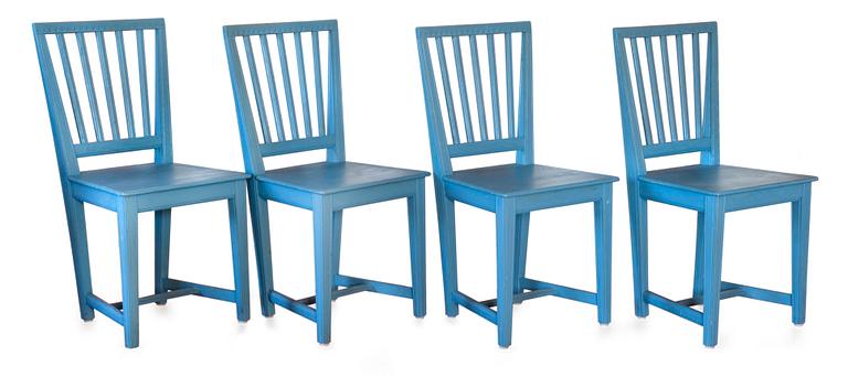 A SET OF FOUR BLUE LACQUERED CHAIRS,