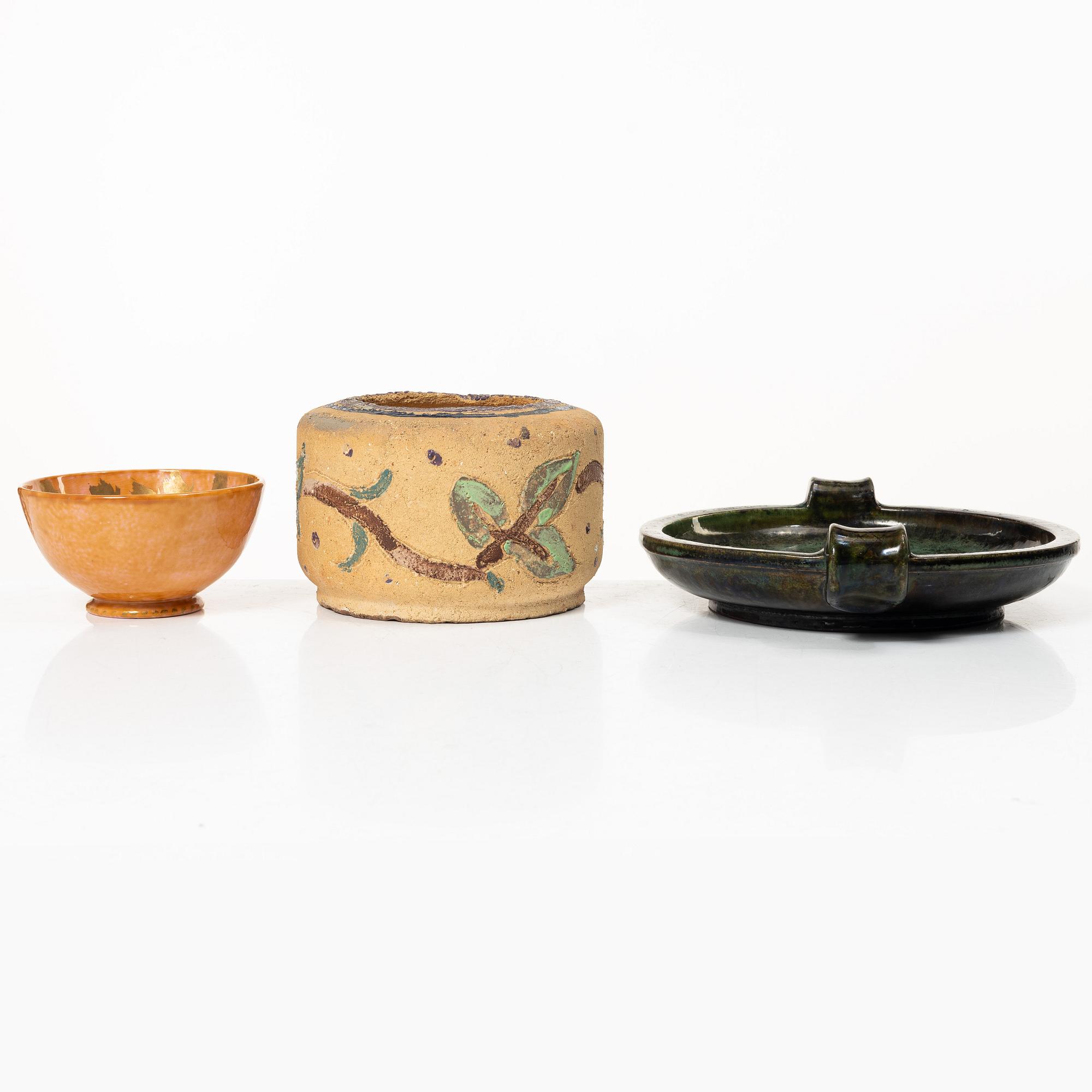 Wilhelm Kåge, a ceramic bowl, vase and dish, Gustavsberg, Sweden, 1927-29.