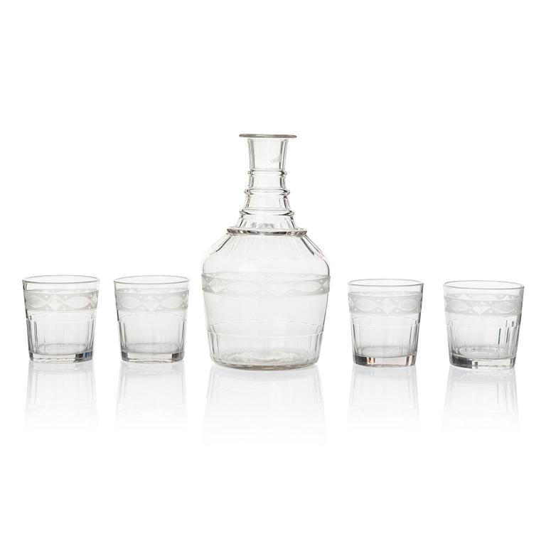 Karaff med 5 seltersglas, glas, Sverige ca 1850.