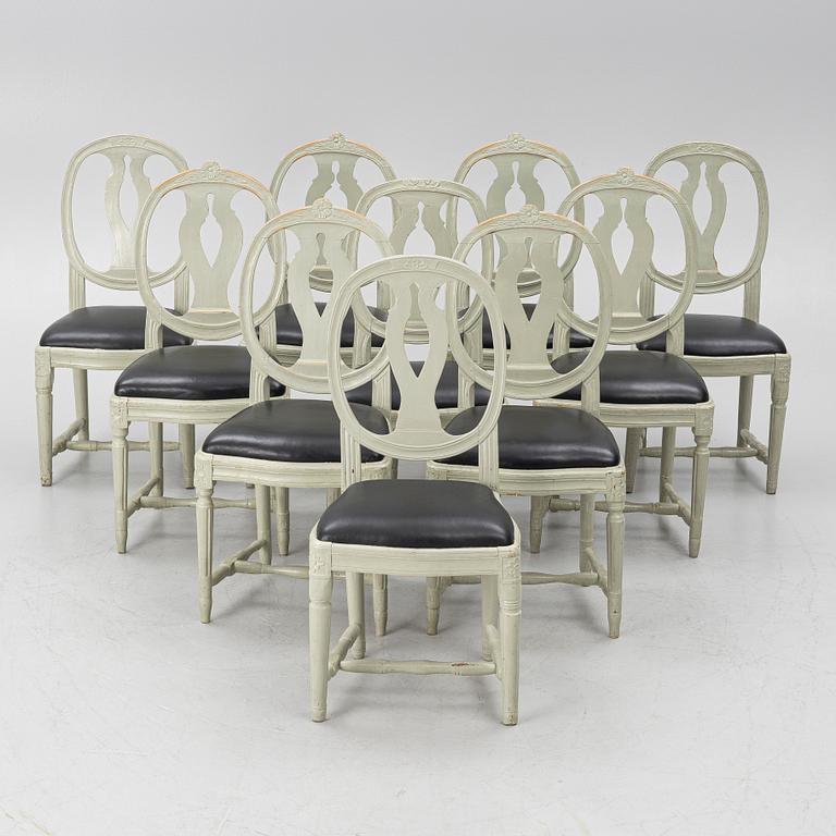 Ten similar Gustavian chairs, Sweden, around the year 1800.