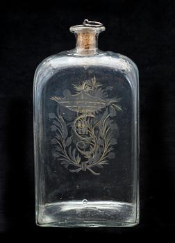 BRÄNNVINSFLASKA, glas, propp med nysilver, 1800-tal.