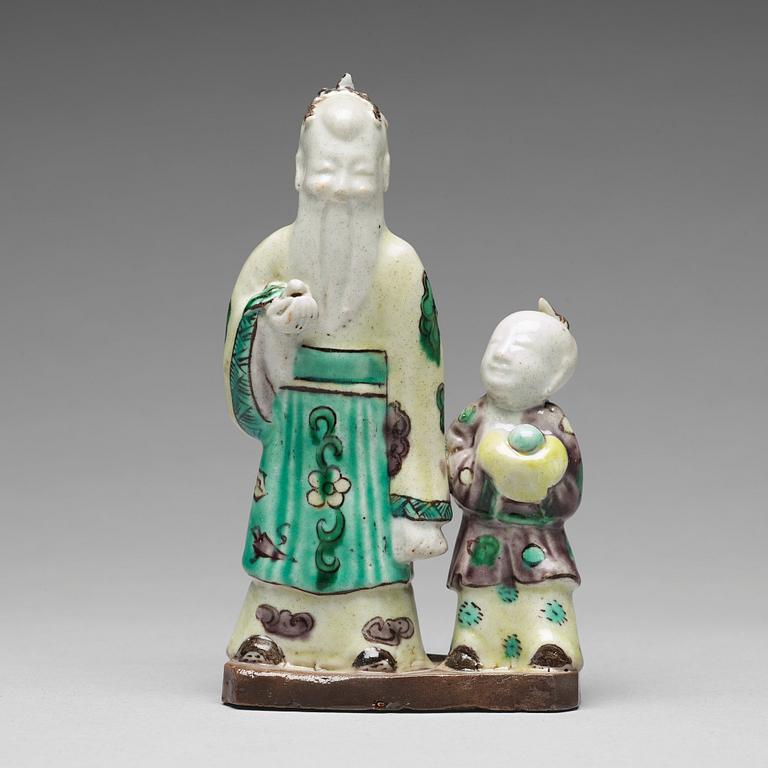 A famille verte bisquit figure of Laozi and a servant, Qing dynasty, 18th Century.