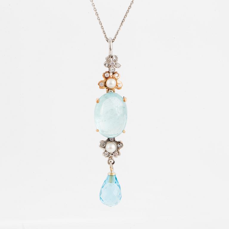 Cabochon-cut aquamarine, briolette-cut topaz, pearl and diamond necklace.