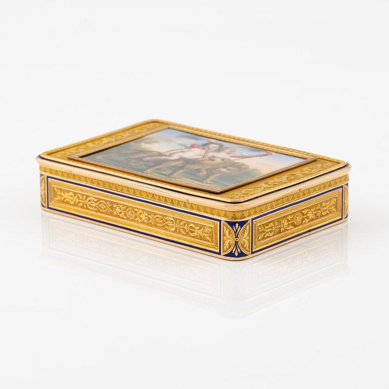 A probably Swiss 19th century two colour gold snuff box with enamel, unidentified maker's mark.
