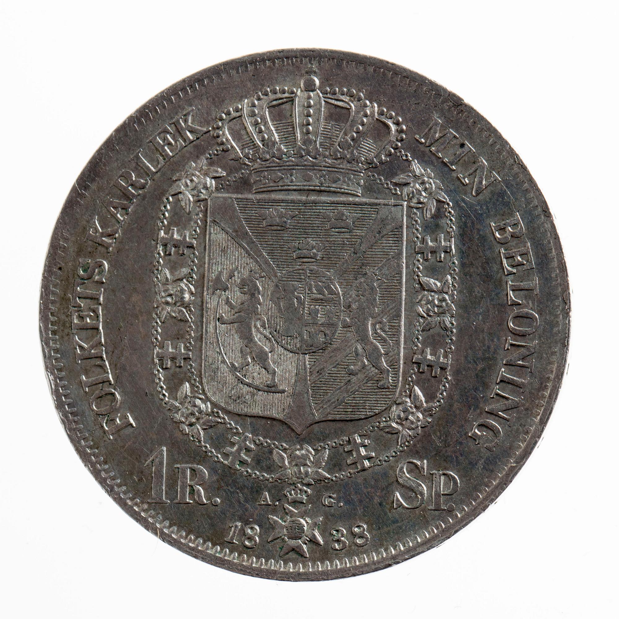 MYNT, silver, 1 riksdaler specie, Carl XIV 1838. Ca 34g.