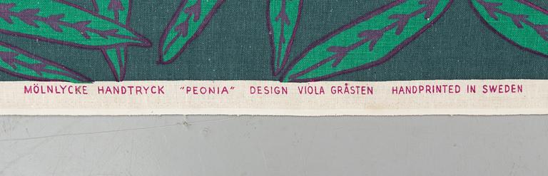 VIOLA GRÅSTEN, TYG, "Peonia", handtryckt, ca 566 x 124,5 cm (full bredd 131 cm), Mölnlycke.