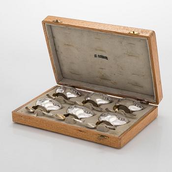 A six-piece silver and glass salt cellar set in original fitted case, maker's mark of Hjalmar Fagerroos, Helsinki 1909.