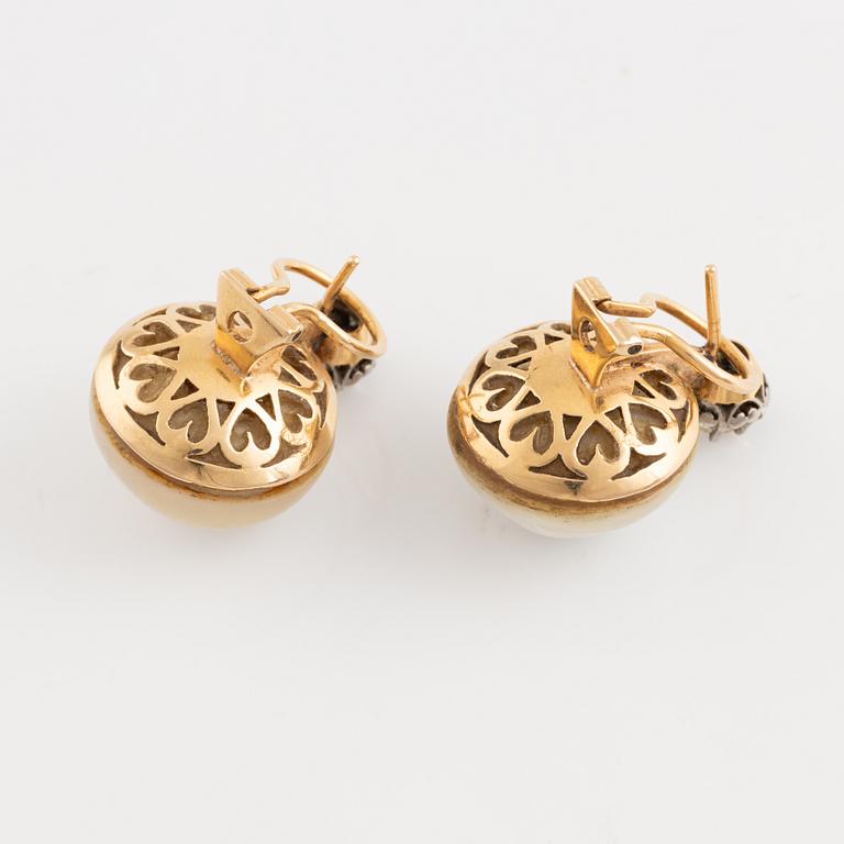 Gold and mabe pearl and brilliant cut diamond earrings.
