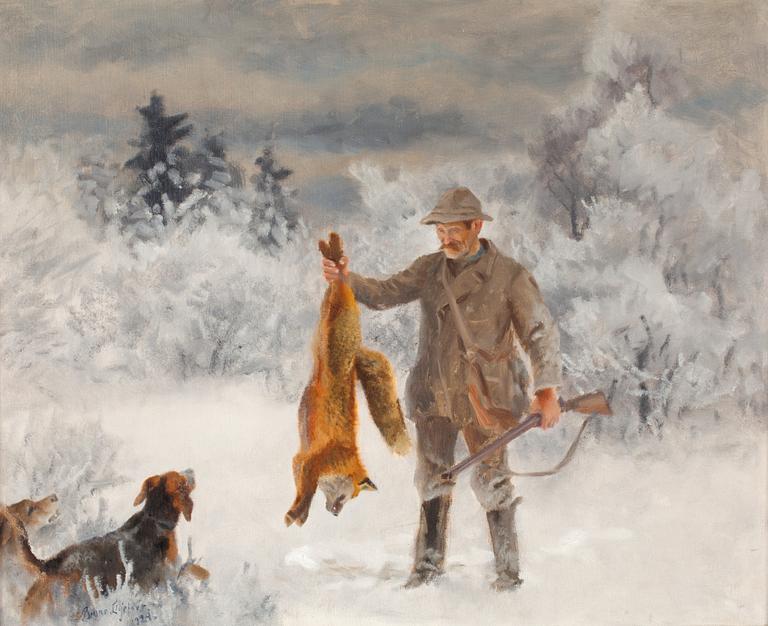 Bruno Liljefors, Hunter with hounds and fox.