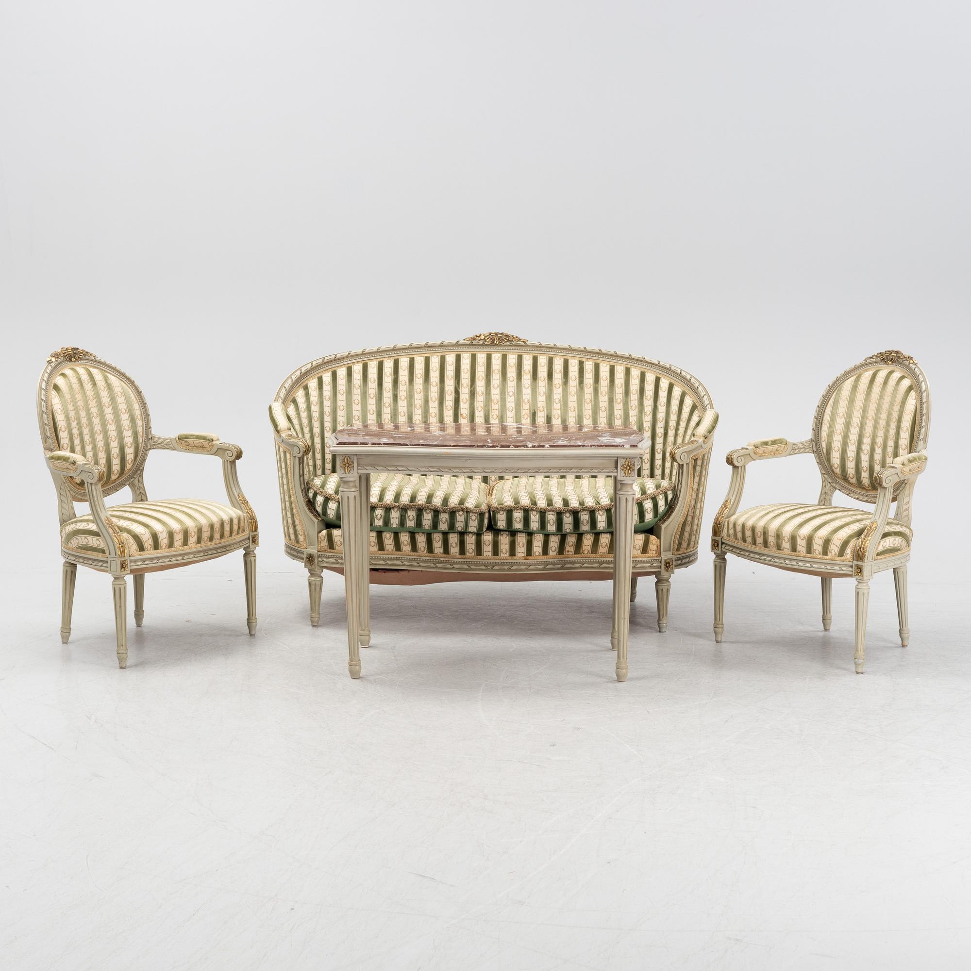 A four piece Gustavian style furniture group, first half of the 20th century.