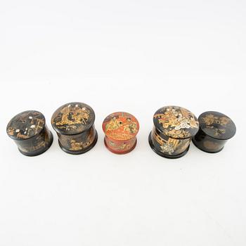 A collection of thread holders, boxes, and a tea caddy, 10 pcs Japan/Europe first half of the 20th century.
