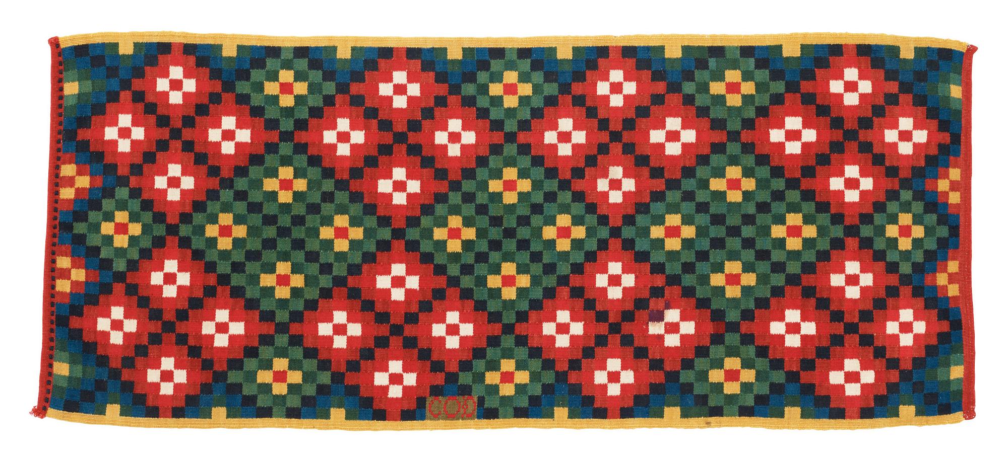 CARRIAGE CUSHION. Rölakan (flat weave). 47 x 110 cm. Skåne second half of the 19th century.