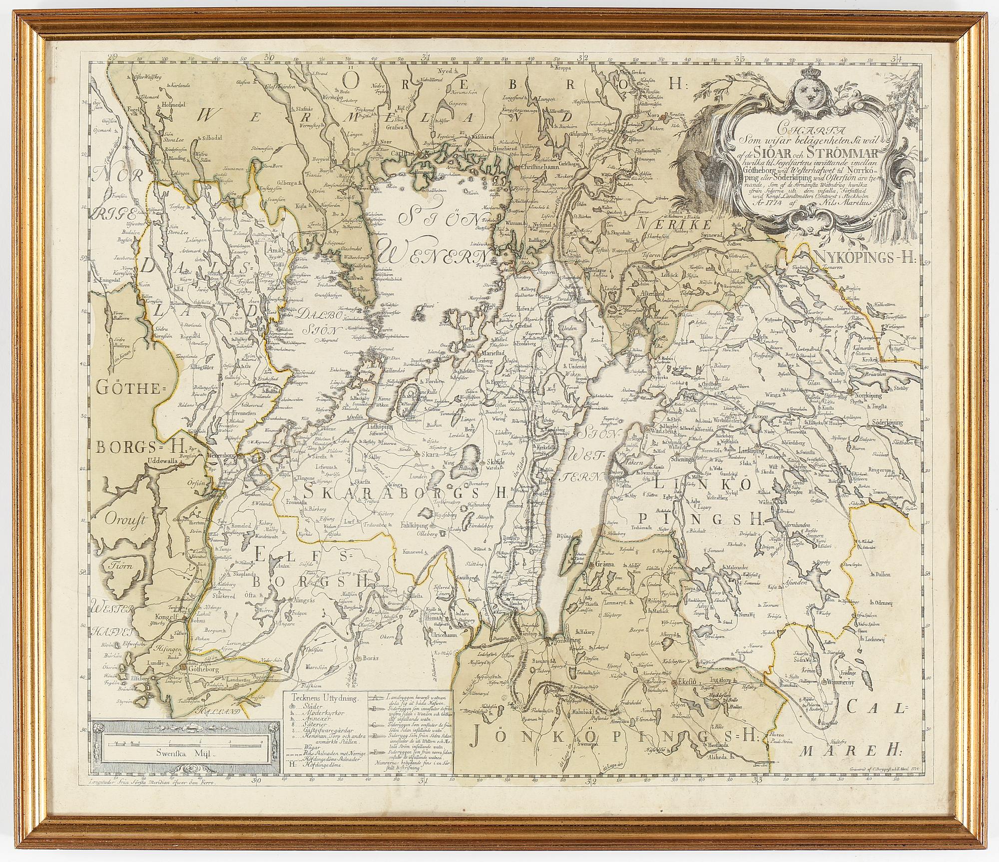 NILS MARELIUS, graverad karta över Linköping och Skaraborg, Daterad 1774.