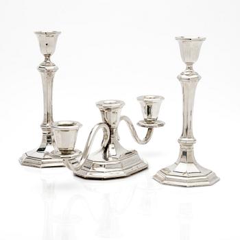 Candelabra, a pair, + candlestick, silver, 20th century.