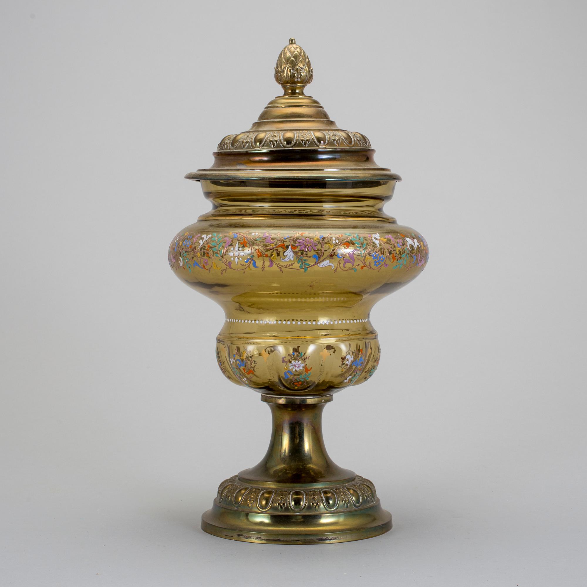 BÅLSKÅL, glas och mässing, omkring sekelskiftet 1900.