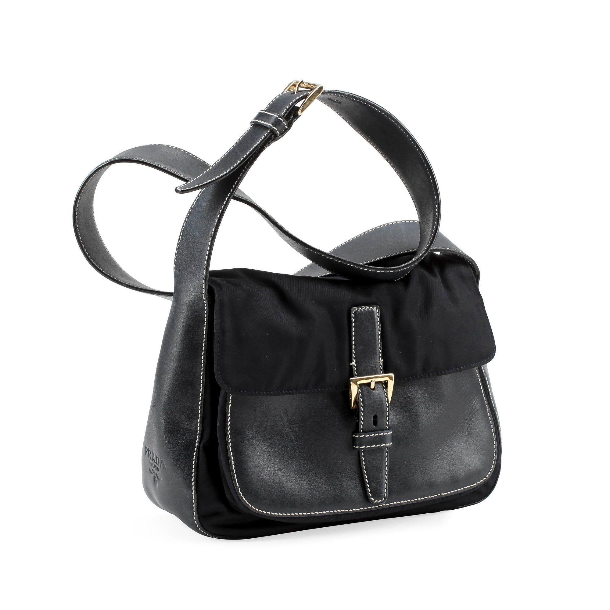 PRADA, a blue nylon and leather shoulder bag.