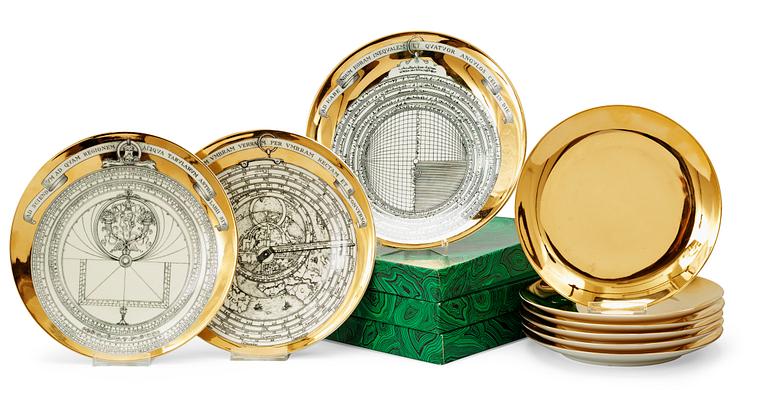 A set of three Piero Fornasetti 'Astro Labio' porcelain plates and six gilded dishes, Milan, Italy.