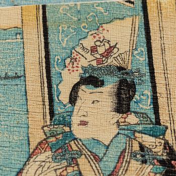 Five Japanese coloured woodblock prints. Japan, 19th century.