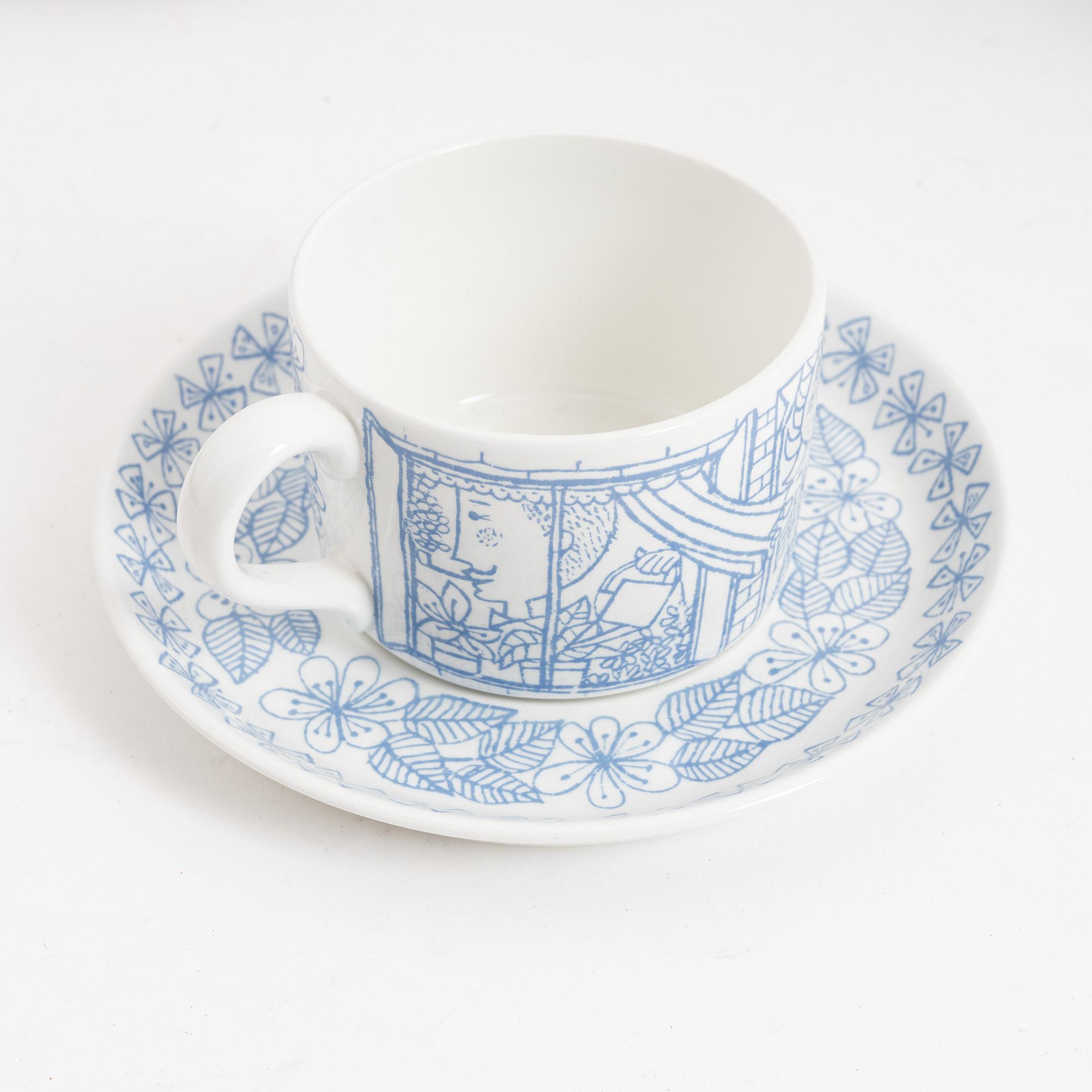 Stig Lindberg, tekoppar med fat, 8 st "Boro", Gustavsberg.