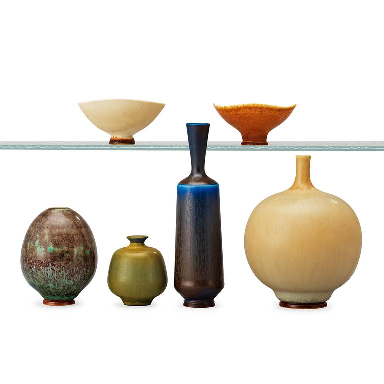 A Berndt Friberg set of six miniature vases and bowls, Gustavsberg Studio.