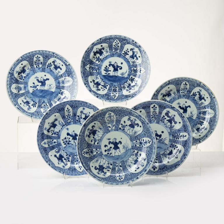 A set of six Chinese blue and white porcelain 'boys' plates, Qing dynasty, 18th century.
