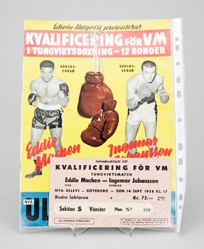 SIGNERAT FOTOGRAFI, MATCHBILJETT samt MATCHPROGRAM, Ingemar Johansson, bla 1958.