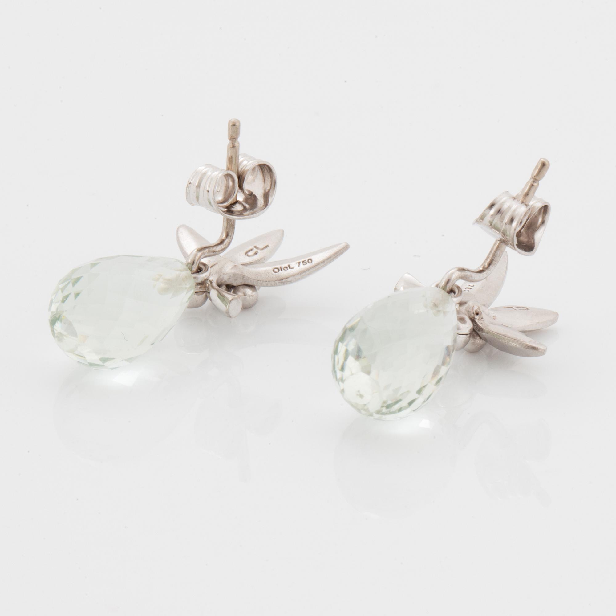 Ole Lynggaard, korvakorupari, briolette hiotut kvartsit ja  timantteja, 14K valkokultaa.