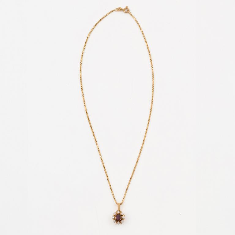 Pendant with gold chain, 
Pendant with white gold chain, 
Earrings a pair, rubies with brilliant-cut diamonds.