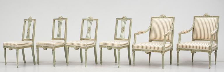 STOLAR, 4 st samt KARMSTOLAR, ett par, gustaviansk stil, 1900-tal.
