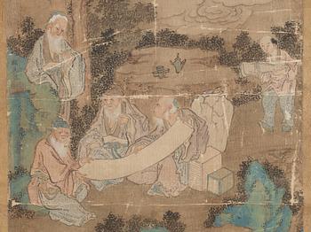 RULLMÅLNING, Qing dynastin, troligen 1800-tal. Lärda män i trädgård.