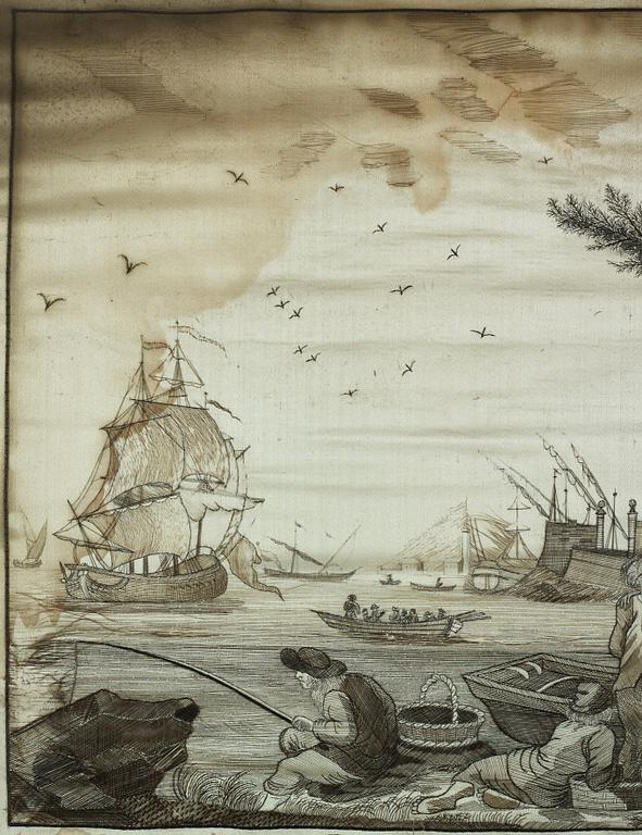 Embroideries, 1 pair, "Vue des Environs de Bayonne", signed and dated.