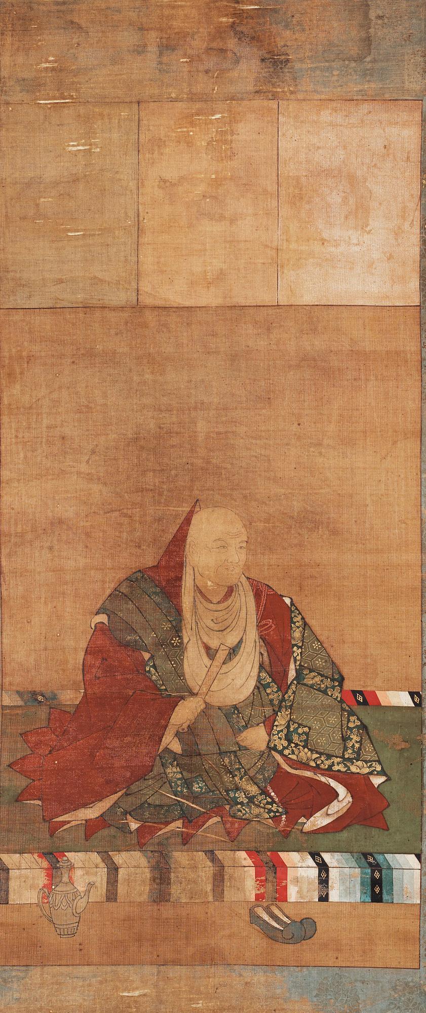 RULLMÅLNING, tusch och färg på silke. Japan, Meiji (1868-1912).