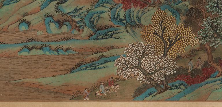 RULLMÅLNING med KALLIGRAFI, höstlandskap. Kopia efter Wen Zhengming (1470-1559), sen Qing dynastin (1644-1912).