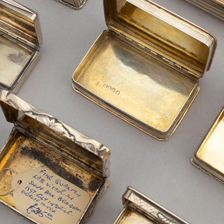 16 silver boxes, including Nathaniel Mills, Birmingham, 1825, John Lint, London, 1816, and Charles Cooke, 1908.