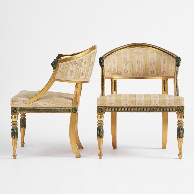 A pair of late Gustavian giltwood open-back armchairs, Stockholm, late 18th century.