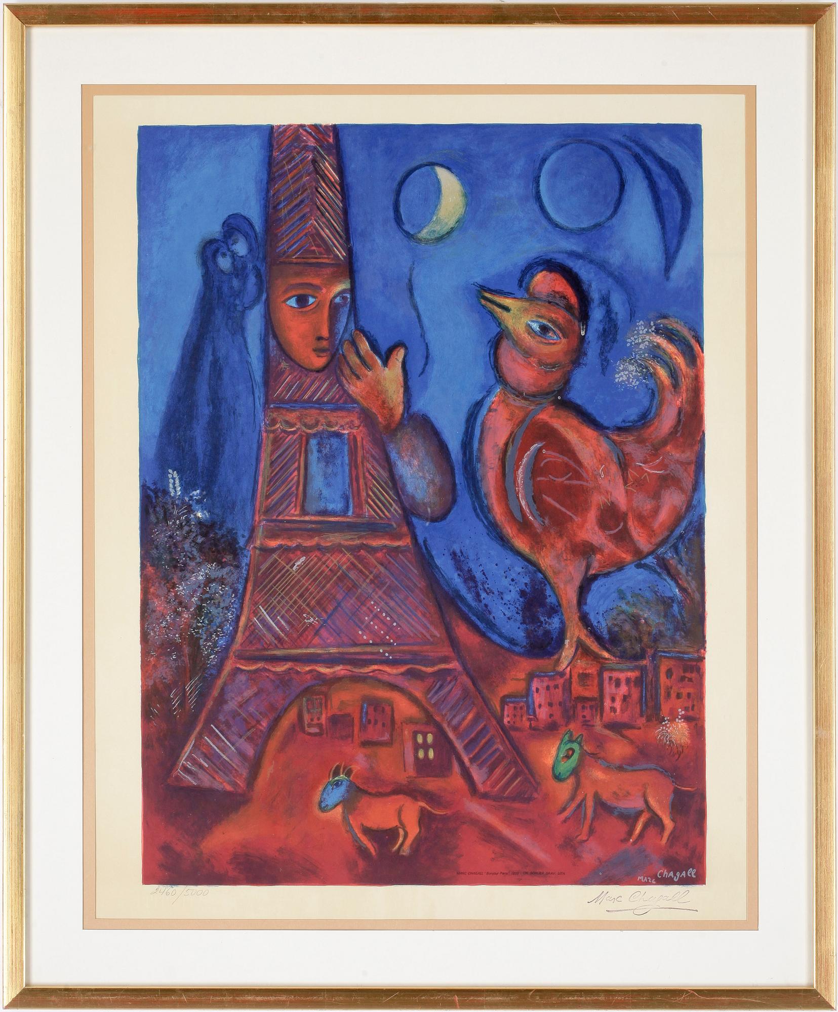 MARC CHAGALL, efter, utställningsaffisch, tryckt signatur och numrerad 2460/5000, Mourlot, Paris, stämpelsign a tergol.