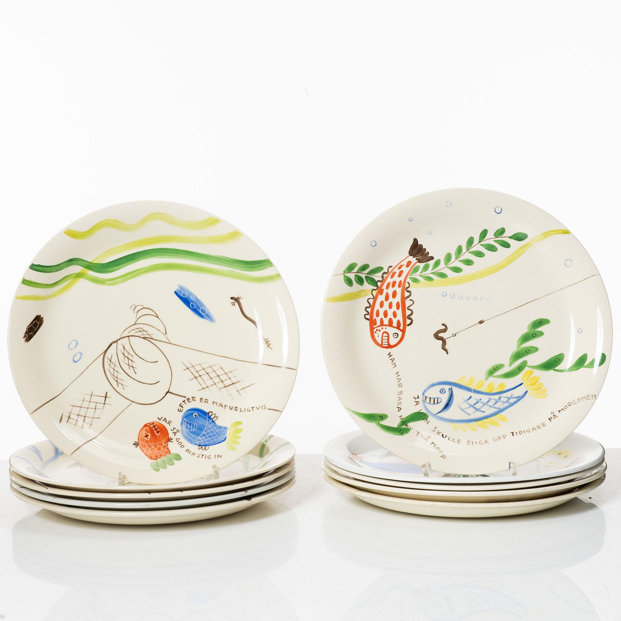 Stig Lindberg, twelve 'Löja' plates, Gustavsberg.