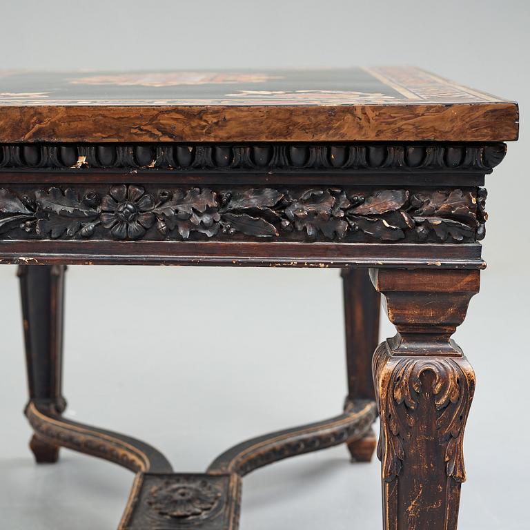 A pietre dure top, Italy, circa 1900, probably Rome or Naples. The stand in Louis XIV-style.