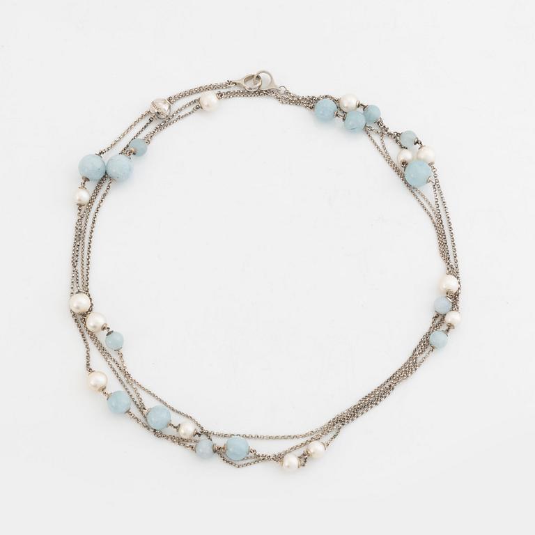 Georg Jensen, cultured pearl and aquamarine silver necklace.