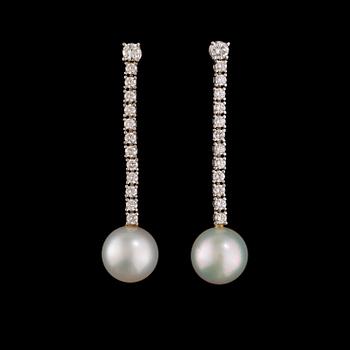 12. A pair of cultured South sea pearl and brilliant-cut diamond earrings.