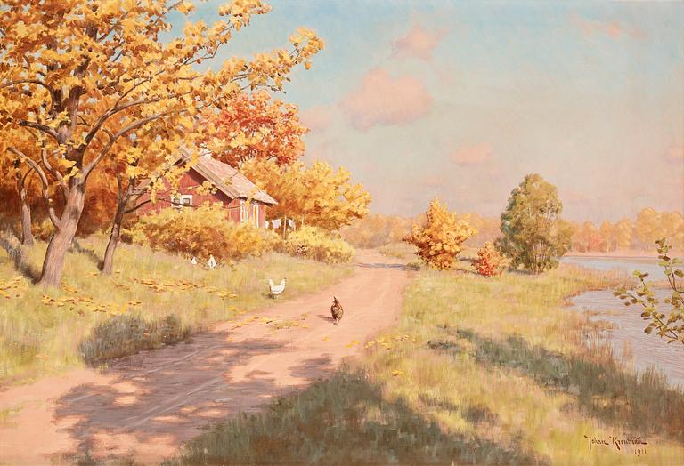 Johan Krouthén, Autumn landscape with hens.