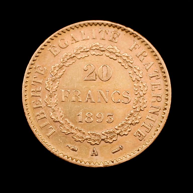 GULDMYNT, 20 francs, Frankrike, 1893. Vikt ca 6 gram.