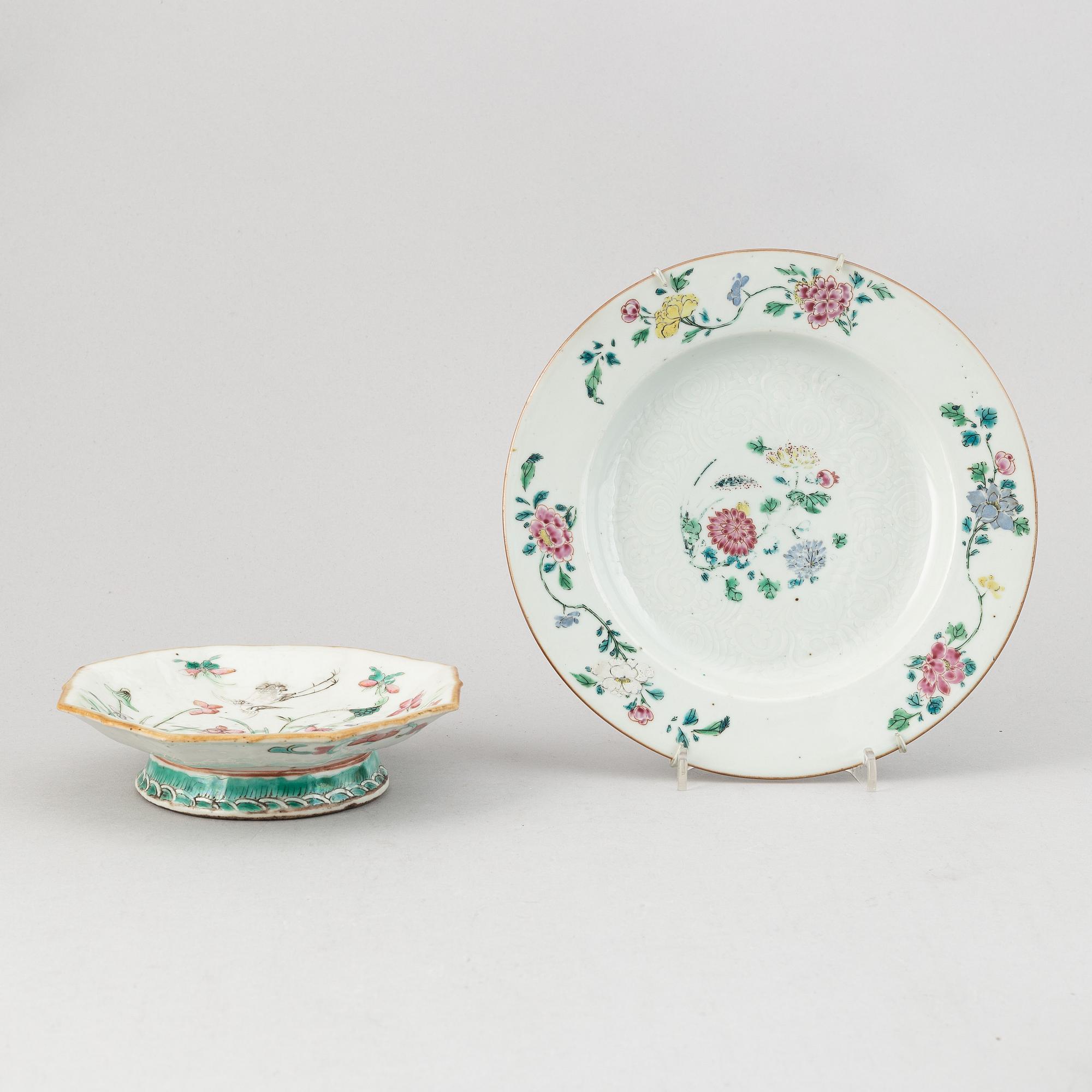A group of chinese porcelain, 7 pieces, mostly late Qing dynasty and and 18th Century famille rose plate.