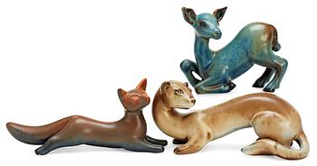 314. Three Gunnar Nylund stoneware figures, a deer, a fox and a ferret,