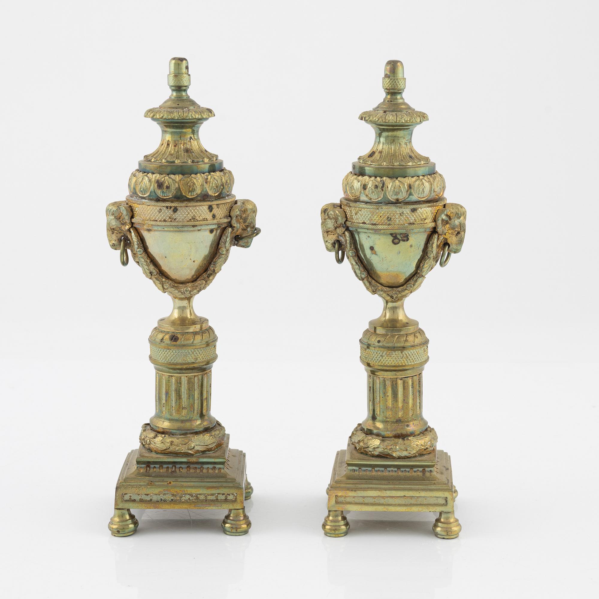 A pair Louis XVI-style gilt brass cassolettes, circa 1900.