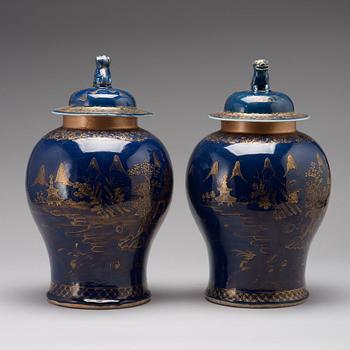 A pair of 'powder blue' baluster jar with covers, Qing dynasty, Qianlong (1736-95).